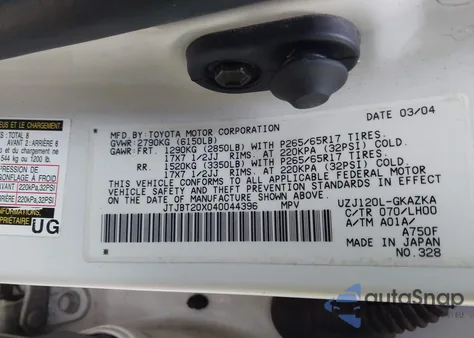 2004 Lexus Gx 470 from USA, damaged, VIN JTJBT20X040044396